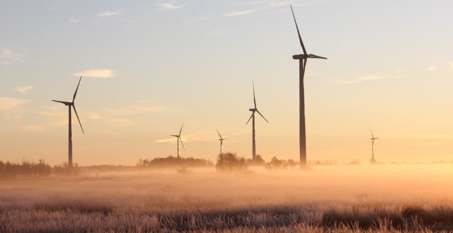 wind turbines in the countryside at sunset
