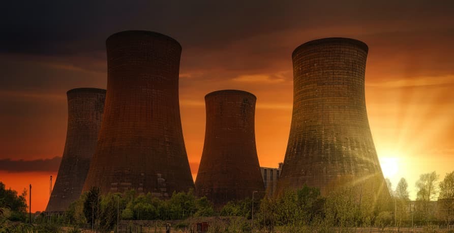 sunset behind nuclear power plant