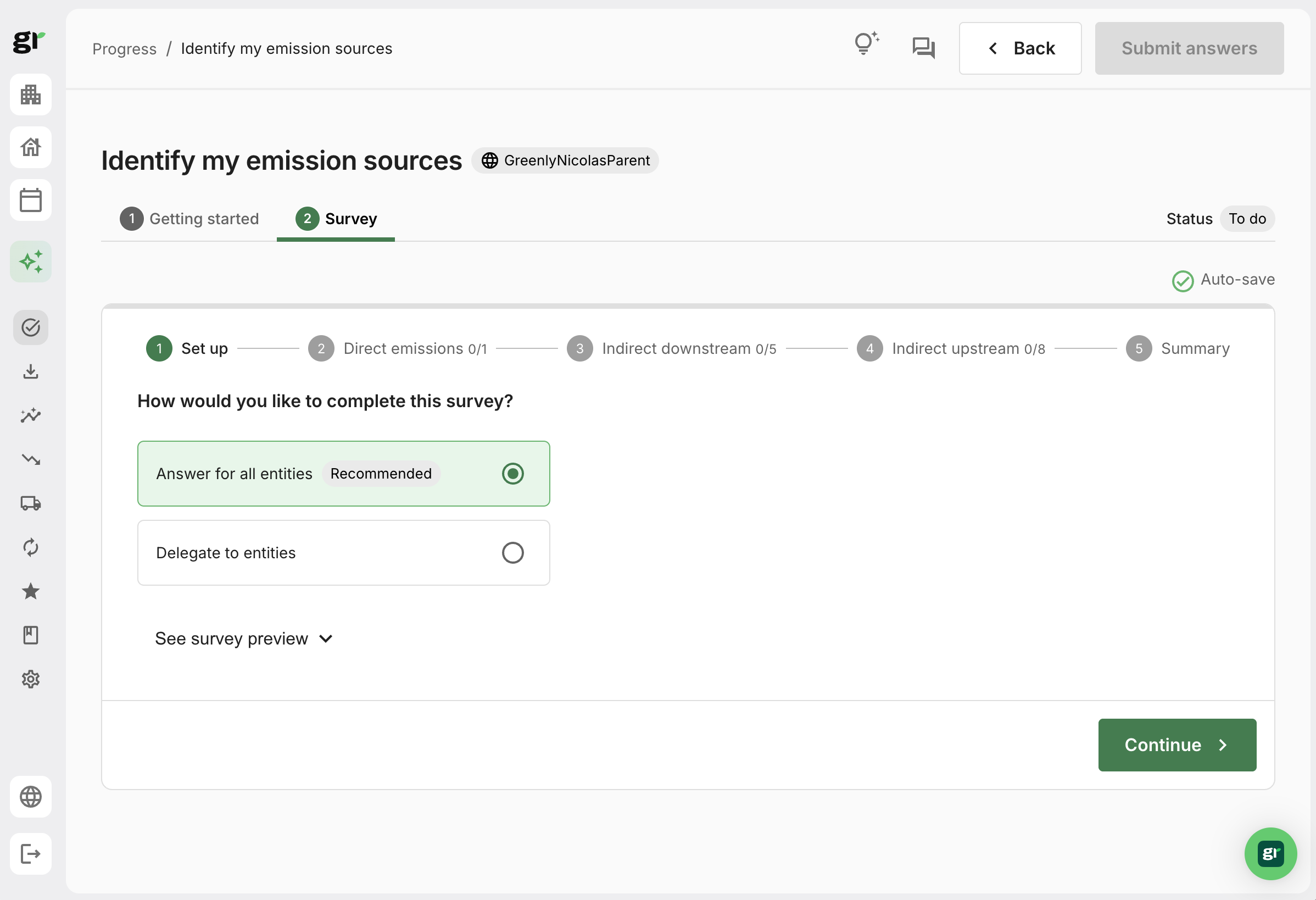 Complete or delegate multi-entity emission sources surveys