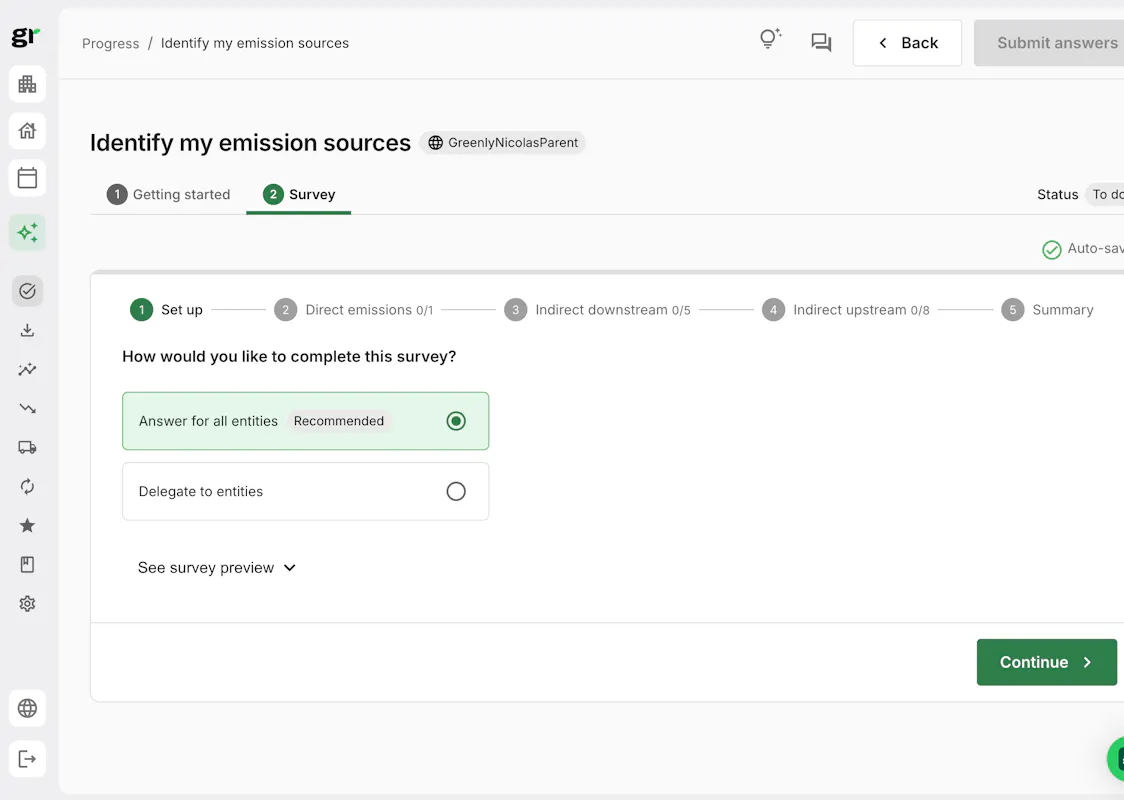 Complete or delegate multi-entity emission sources surveys
