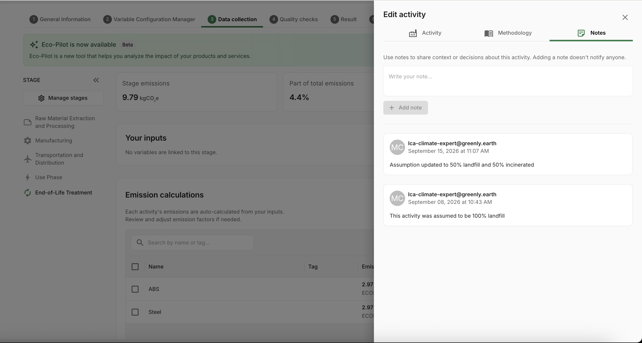 Add notes to LCA activities for better traceability
