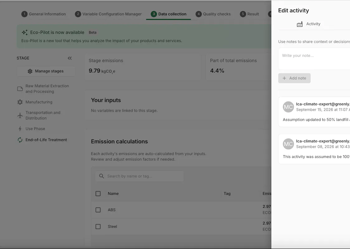 Add notes to LCA activities for better traceability