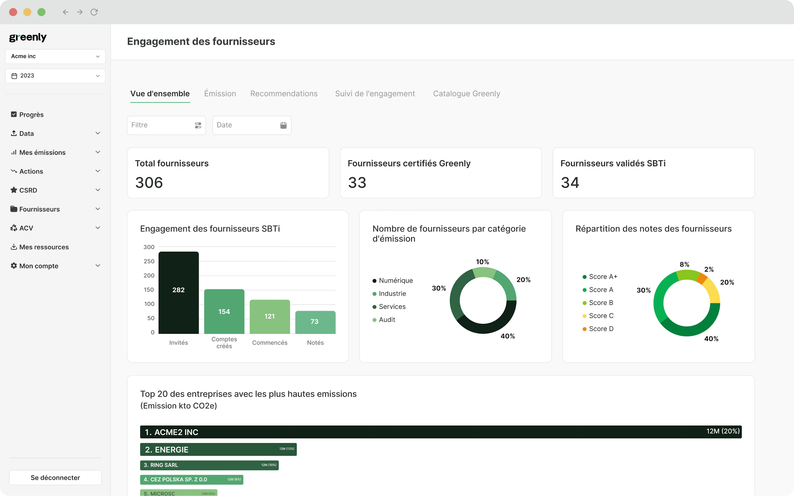 Screenshot du module "engagement fournisseurs" de Greenly