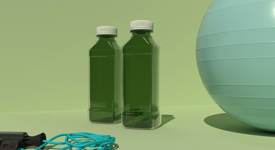 green plastic bottles with chords and exercise ball