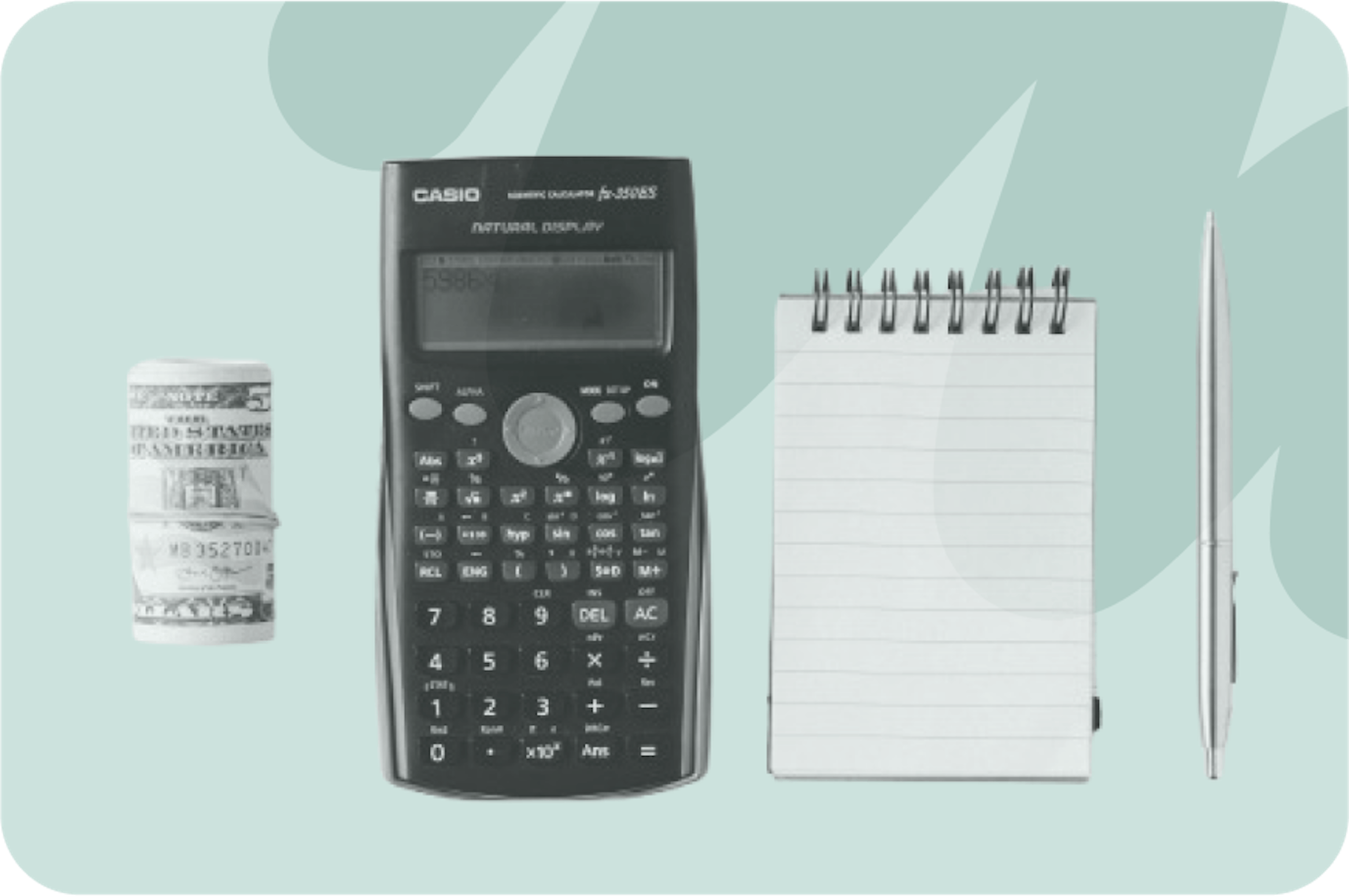 calculator, note book, pen and roll of money