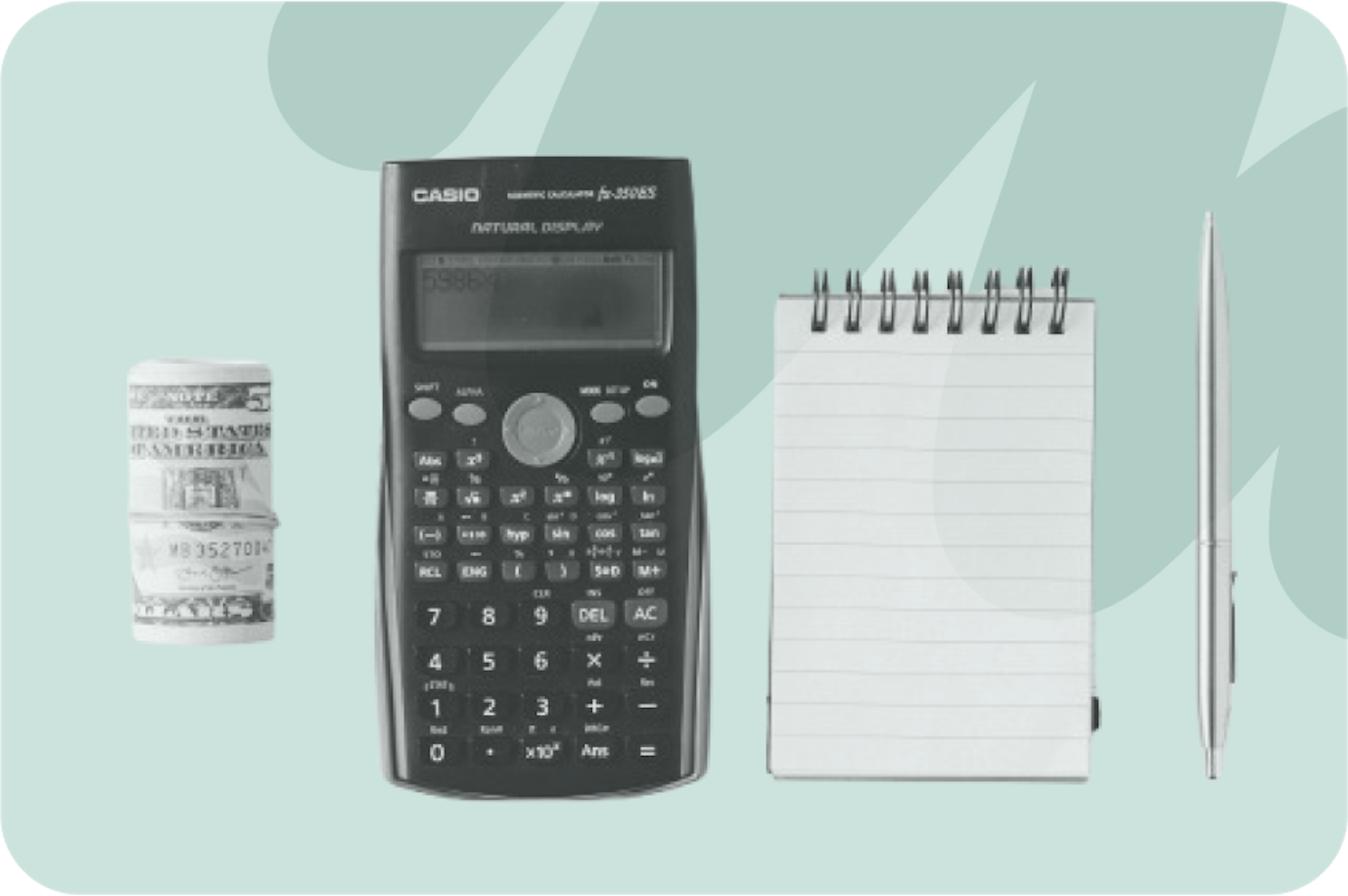 calculator, note book, pen and roll of money