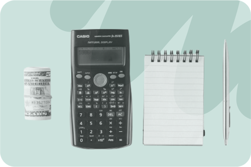 calculator, note book, pen and roll of money