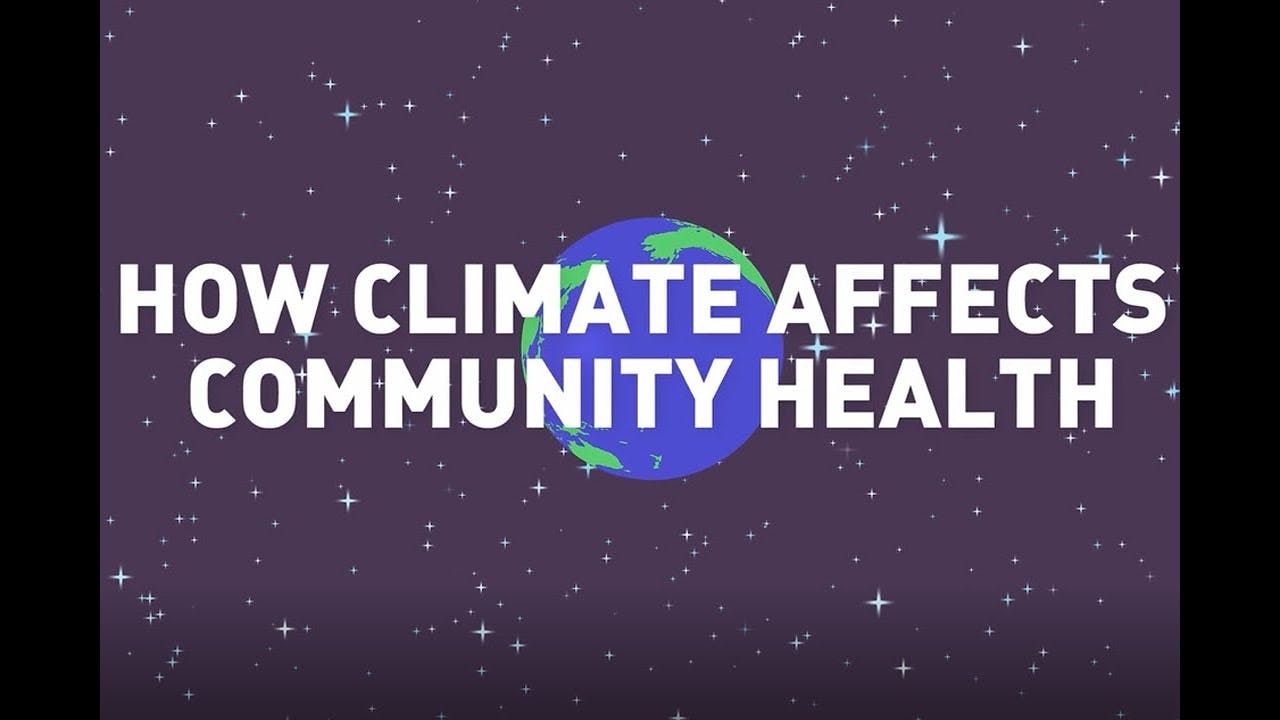 how climate affects community health with cartoon earth and space stars in background