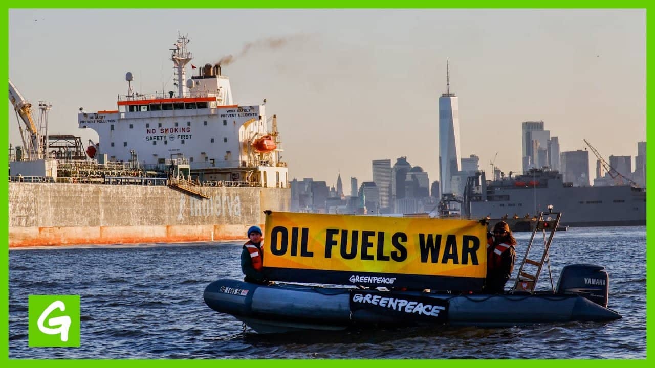 oil fuels war and ships on water with nyc skyline behind