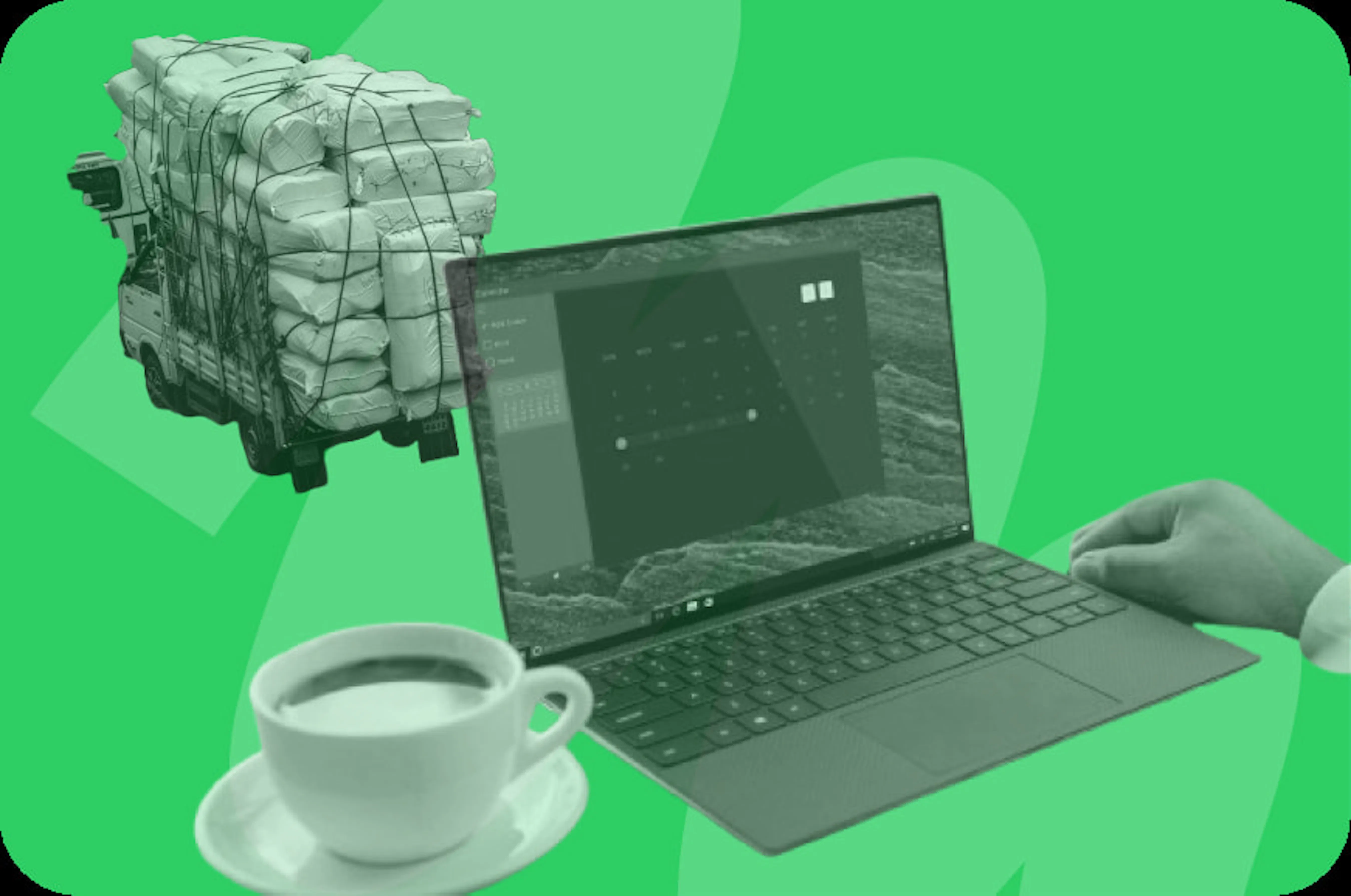 laptop with truck with supplies in background