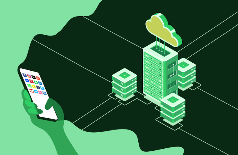 smartphone, social media icons and datacenter