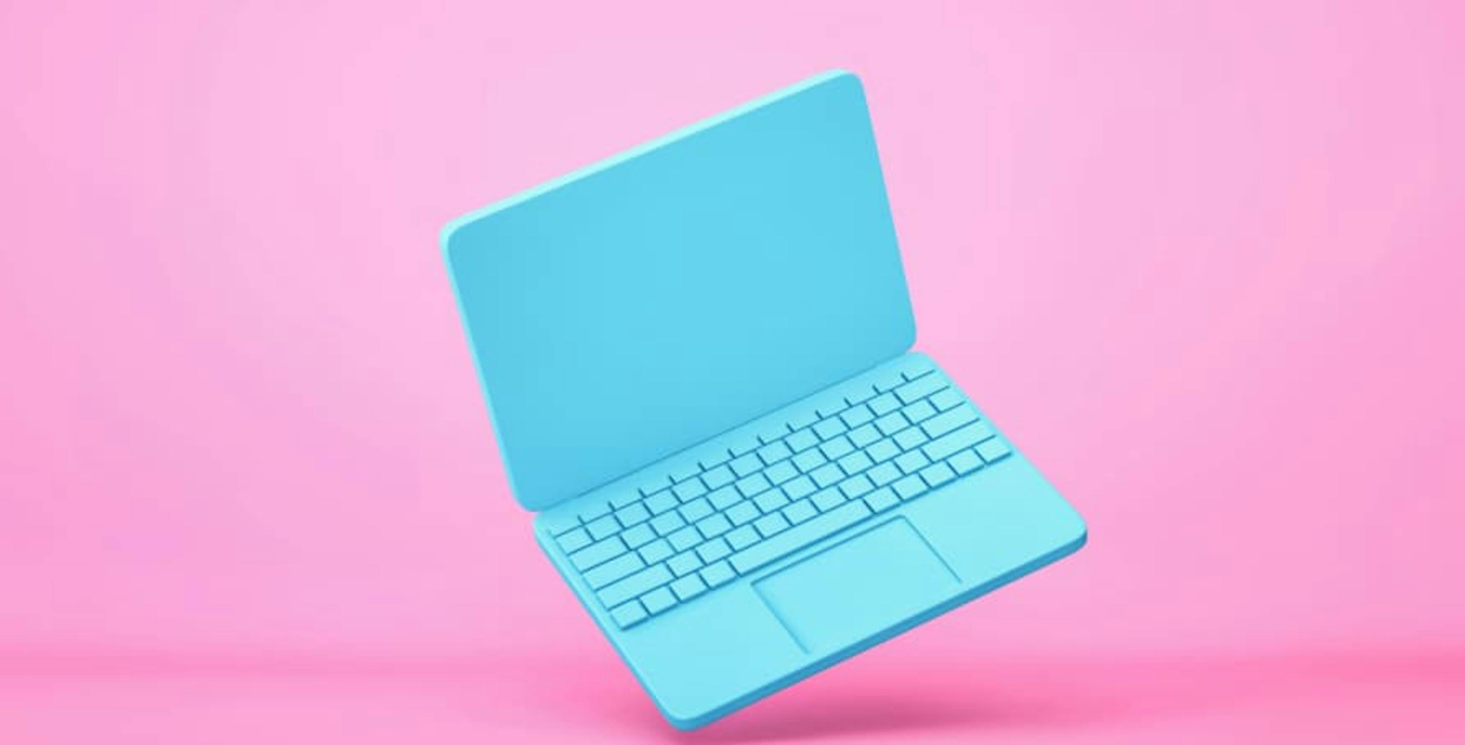 light blue laptop with pink background