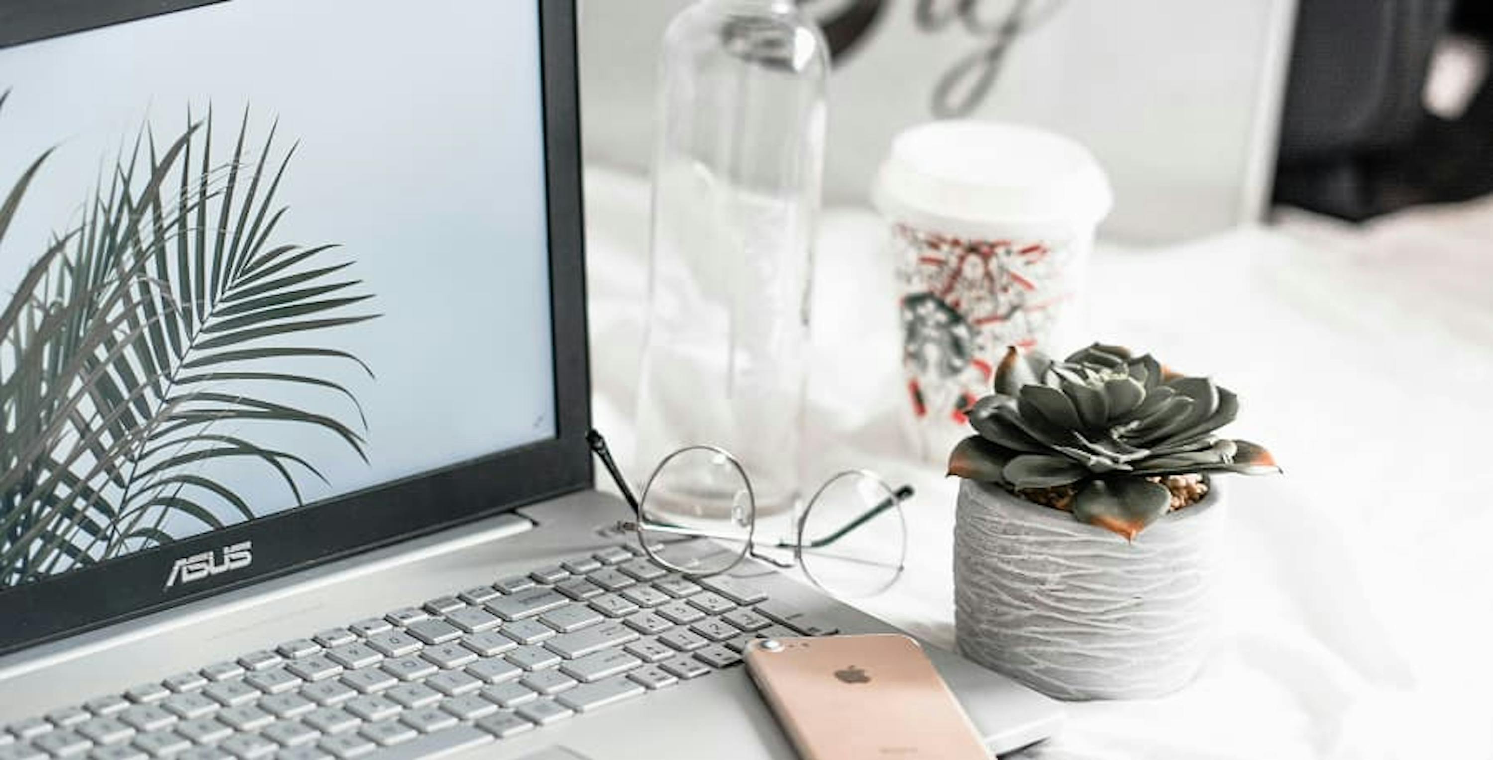 laptop pc next to coffee cup, glasses, and potted plant