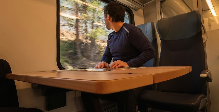 person looking out the window on a train