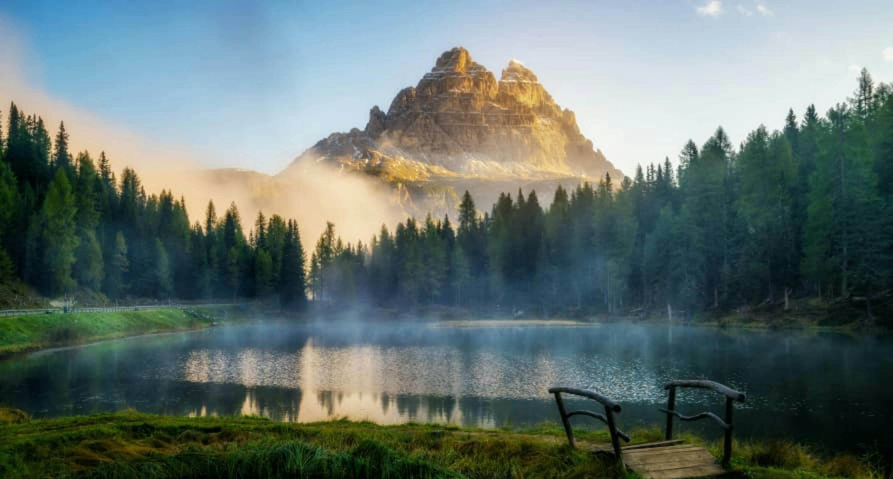 mountain view with forest surrounding lake