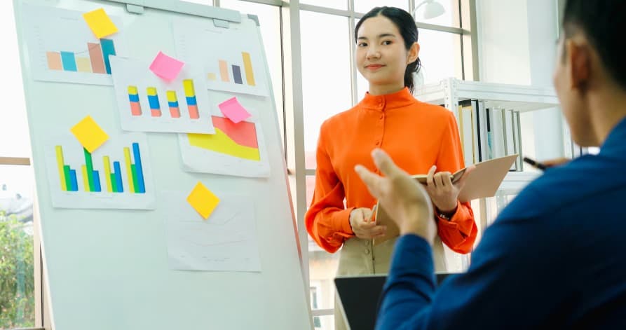 person giving a sticky note presentation