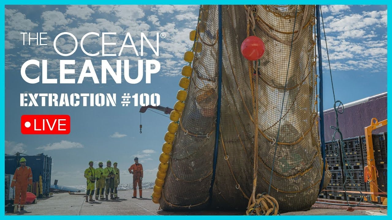 miniature du live Ocean Cleanup, avec un filet rempli de détritus