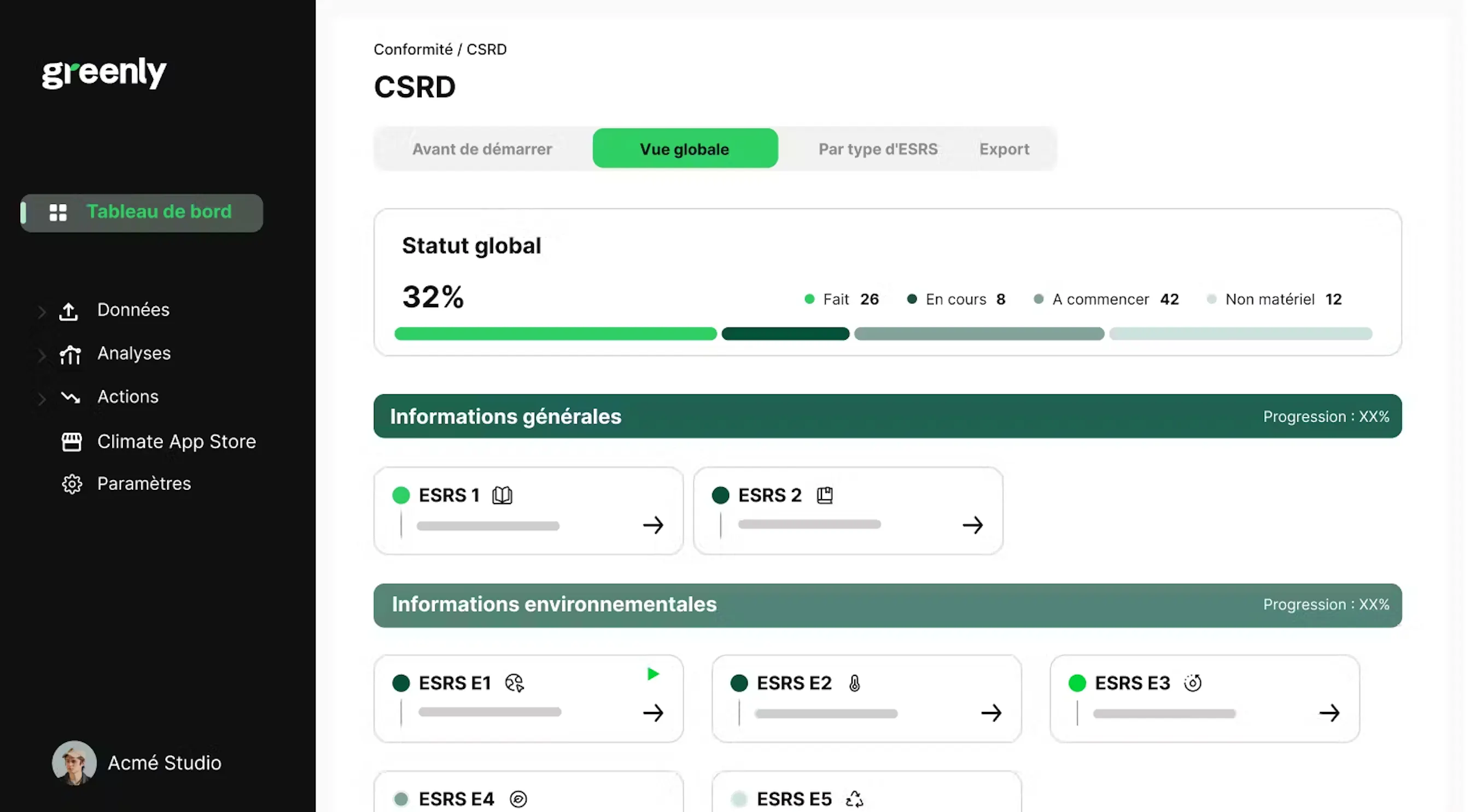 Capture d'écran de l'application Greenly pour la CSRD