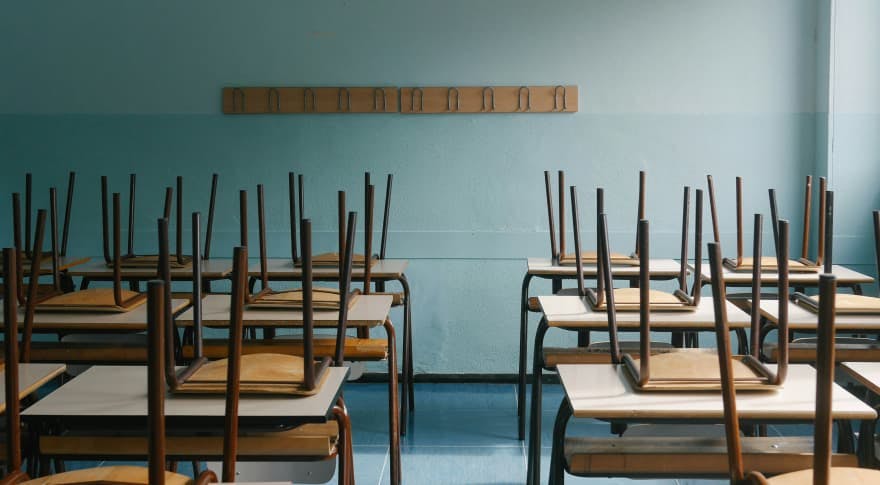 classroom with chairs up