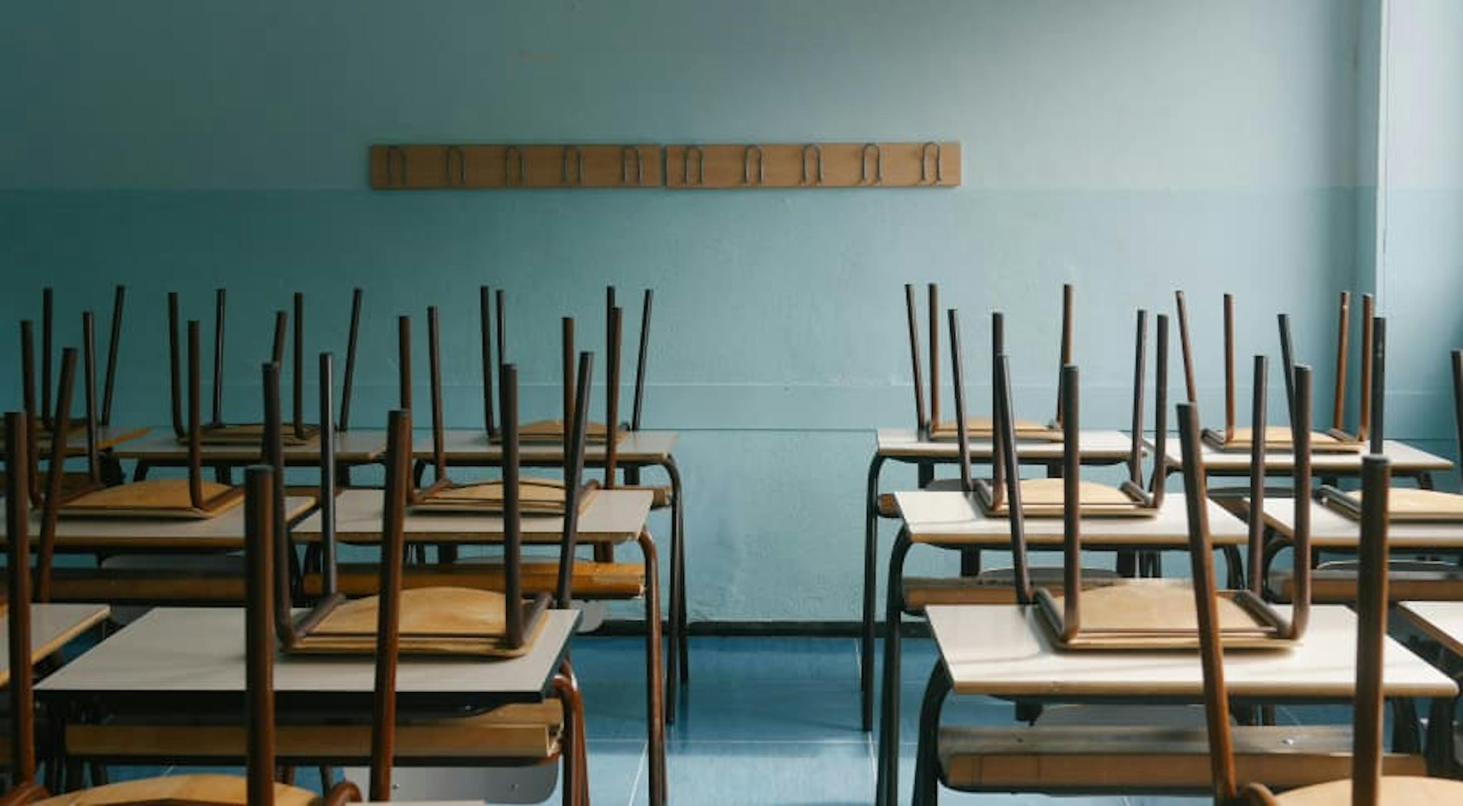 classroom with chairs up