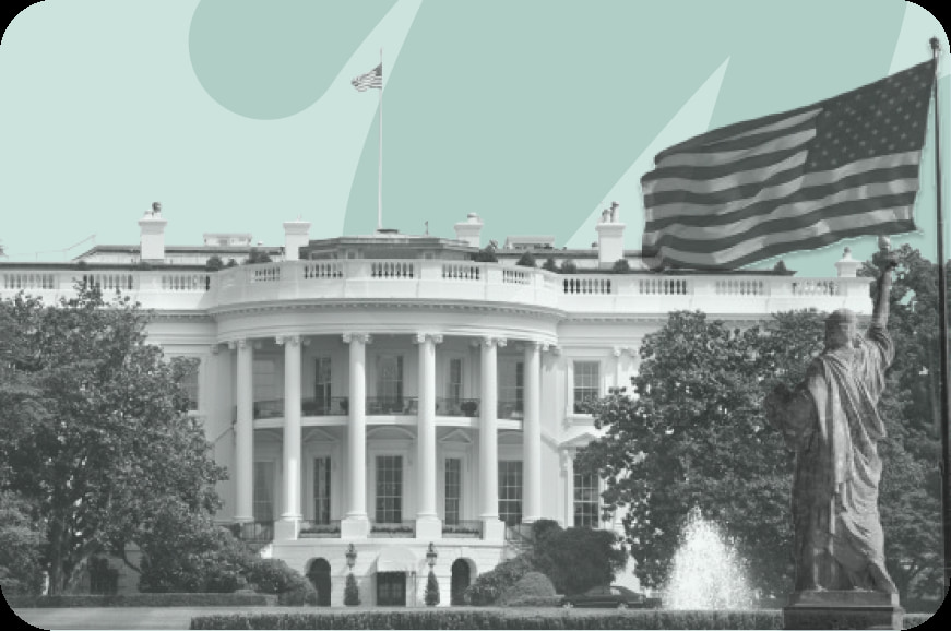 american flag and white house