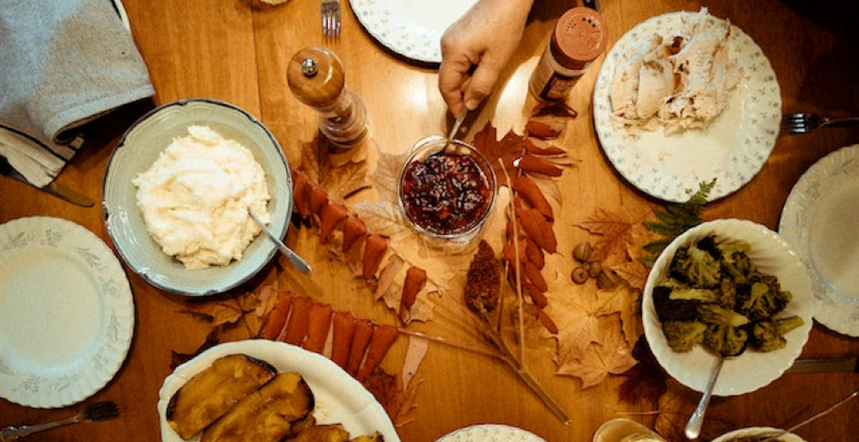 thanksgiving table with mashed potato and brussel sprouts