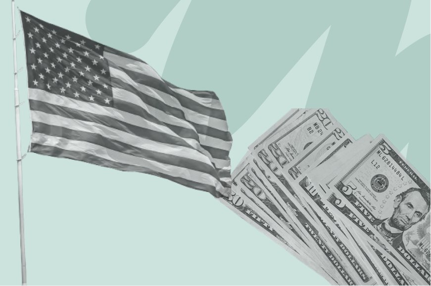 USD bills on US flag
