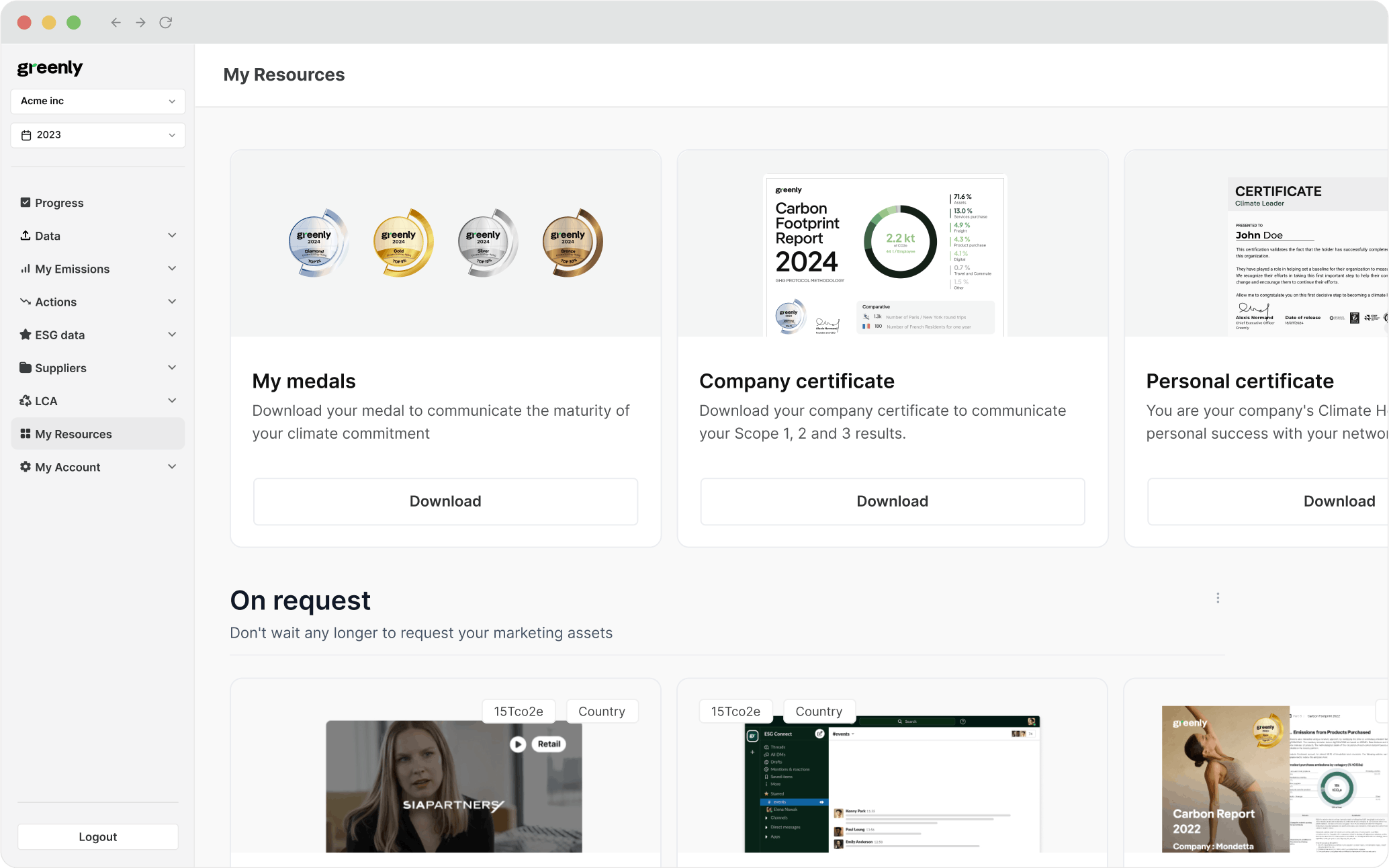 Capture d'écran du tableau de bord Greenly "Mes Ressources"