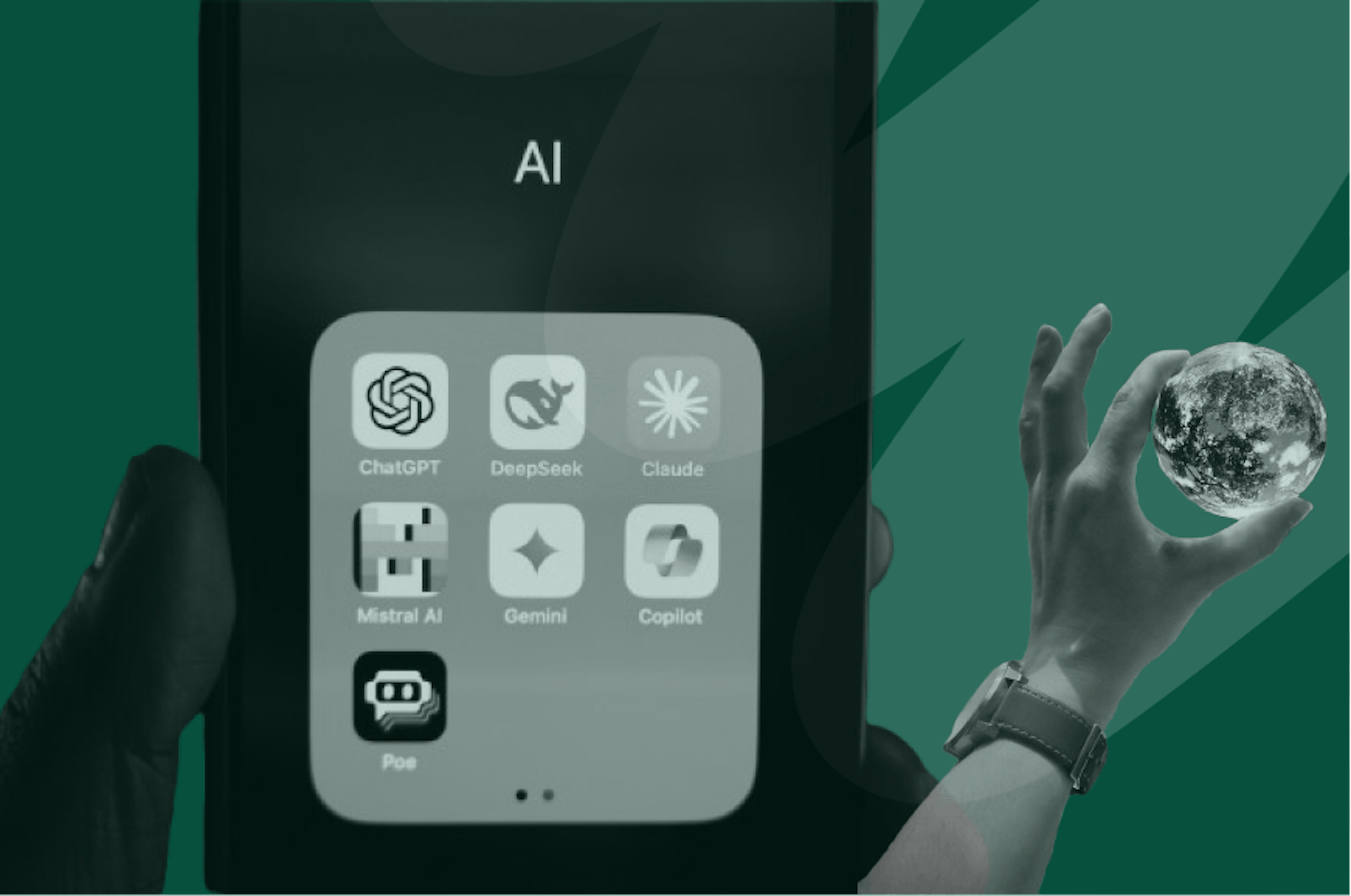 AI app with person holding mini globe behind