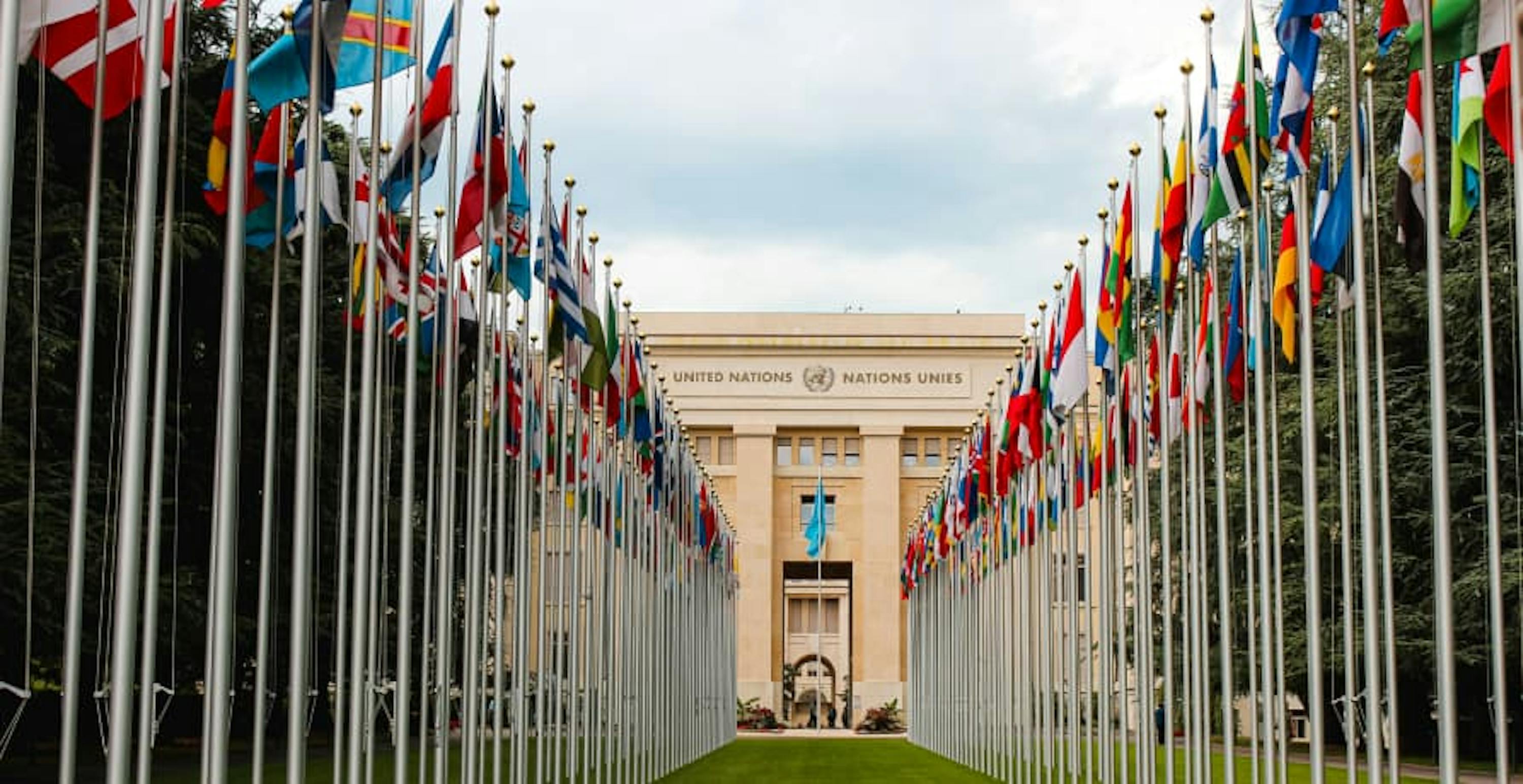 United Nations building and flags in Geneva