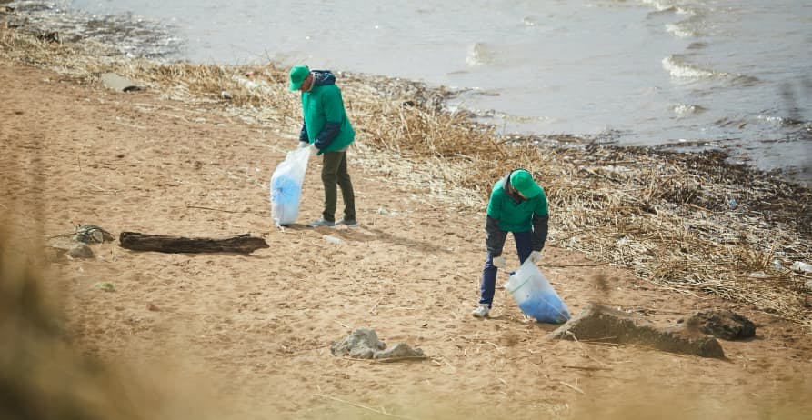people picking up beach trash