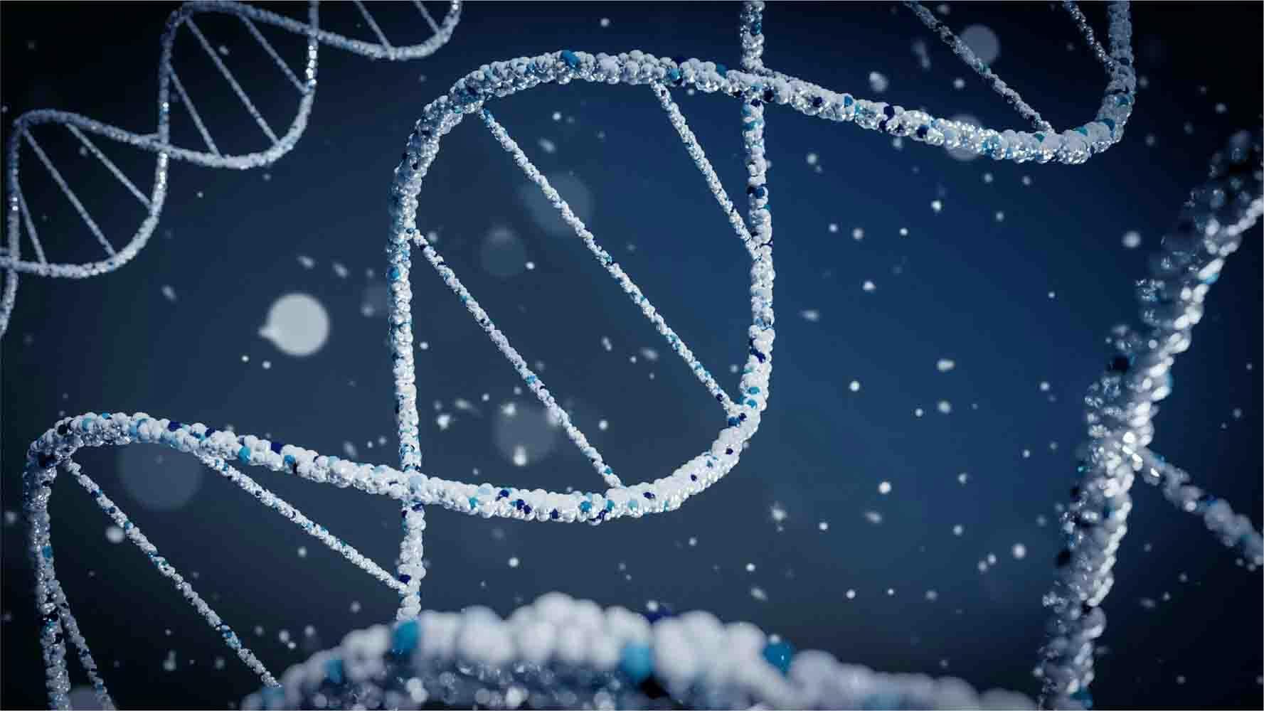 Spiral structures of DNA molecule on dark blue abstract background