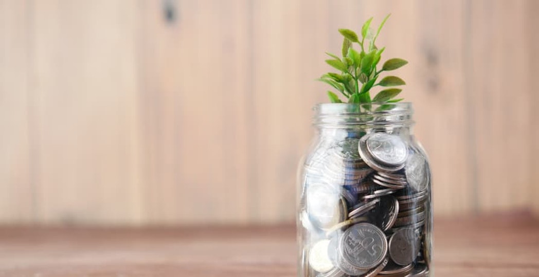 coins in a jar with a plant
