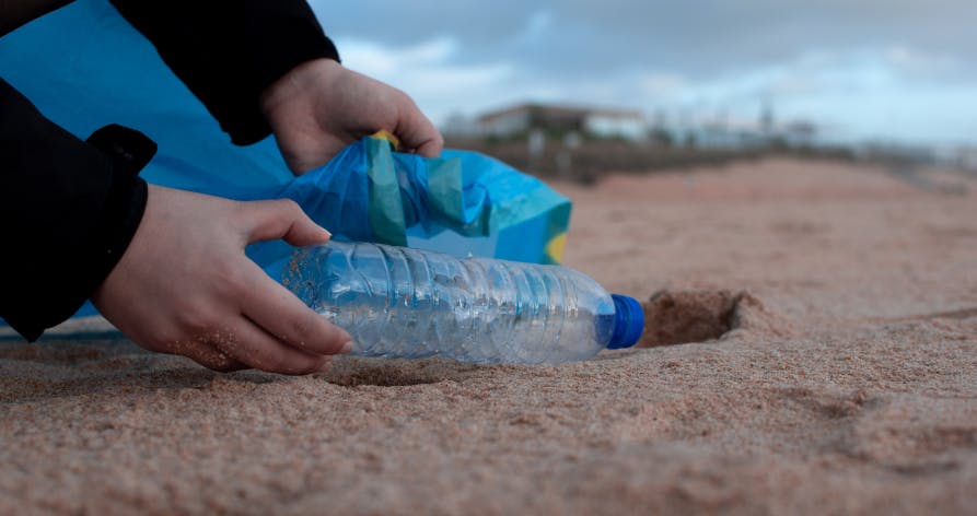 person picking up water bottles on beach