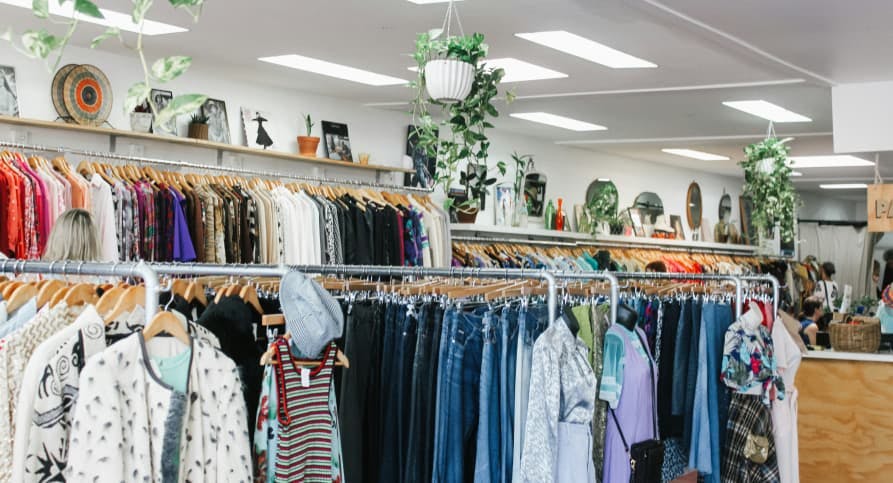 clothes in store with green plants everywhere