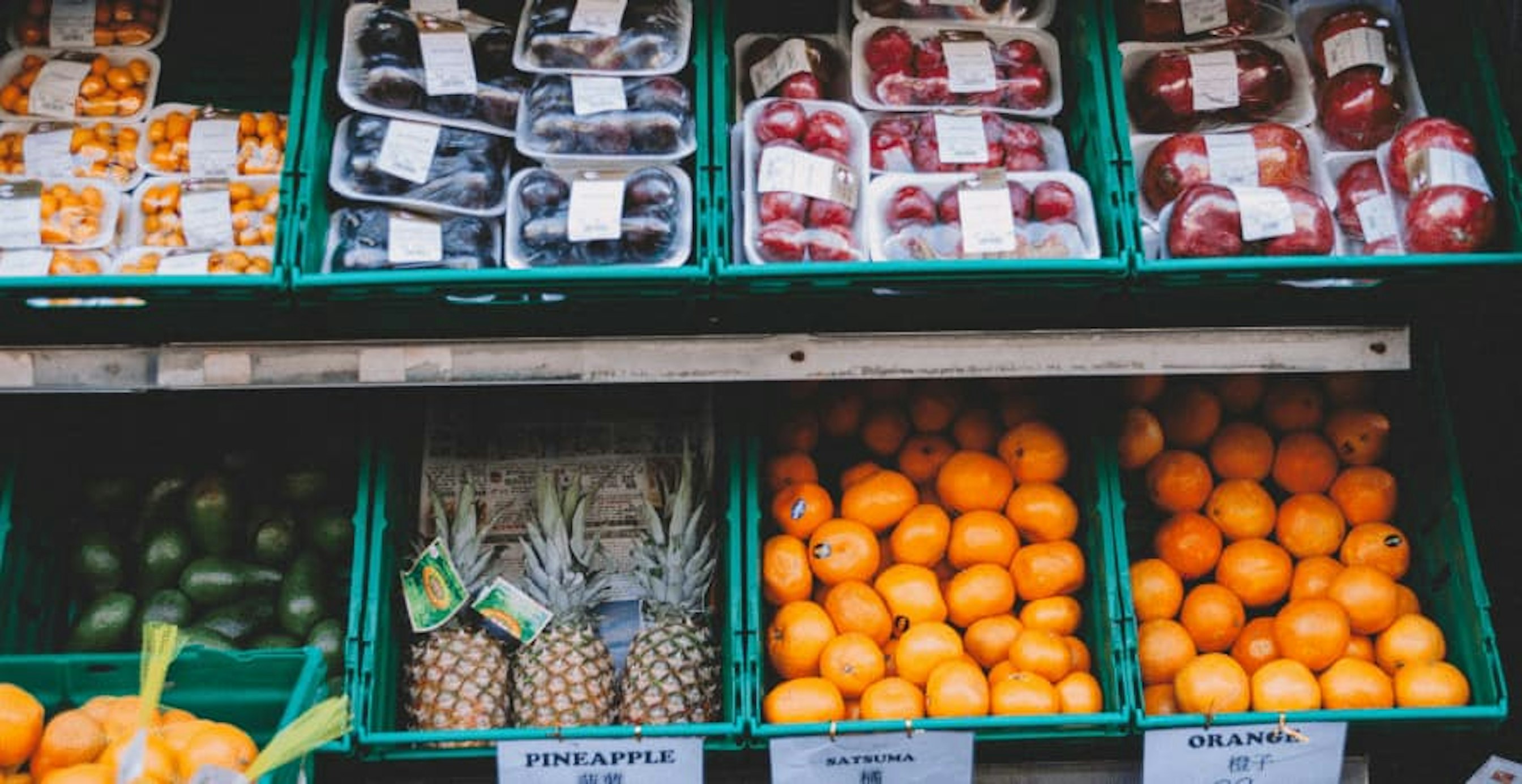 supermarket shelves filled with fresh food