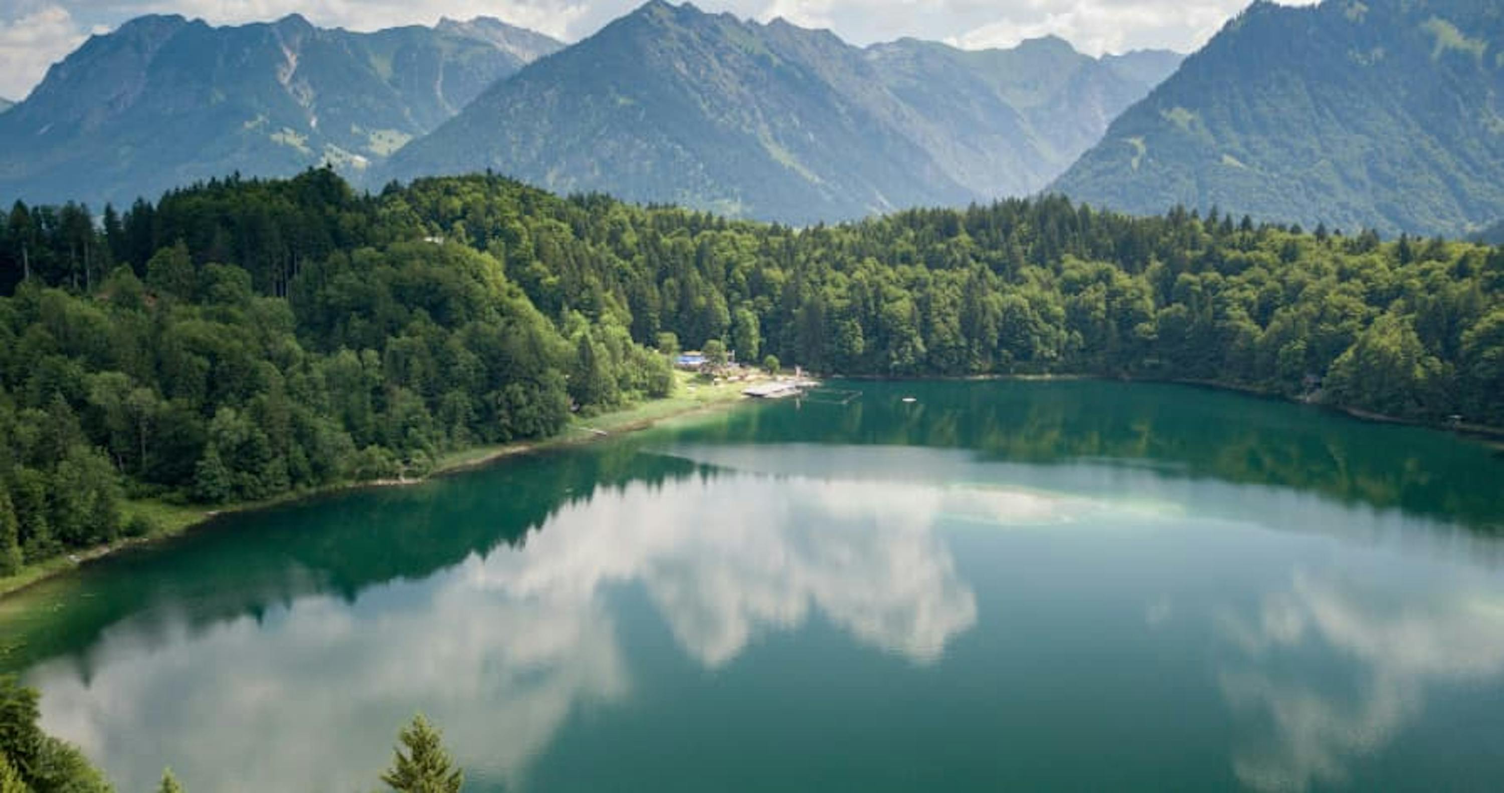 view of lake, forest, and mountains