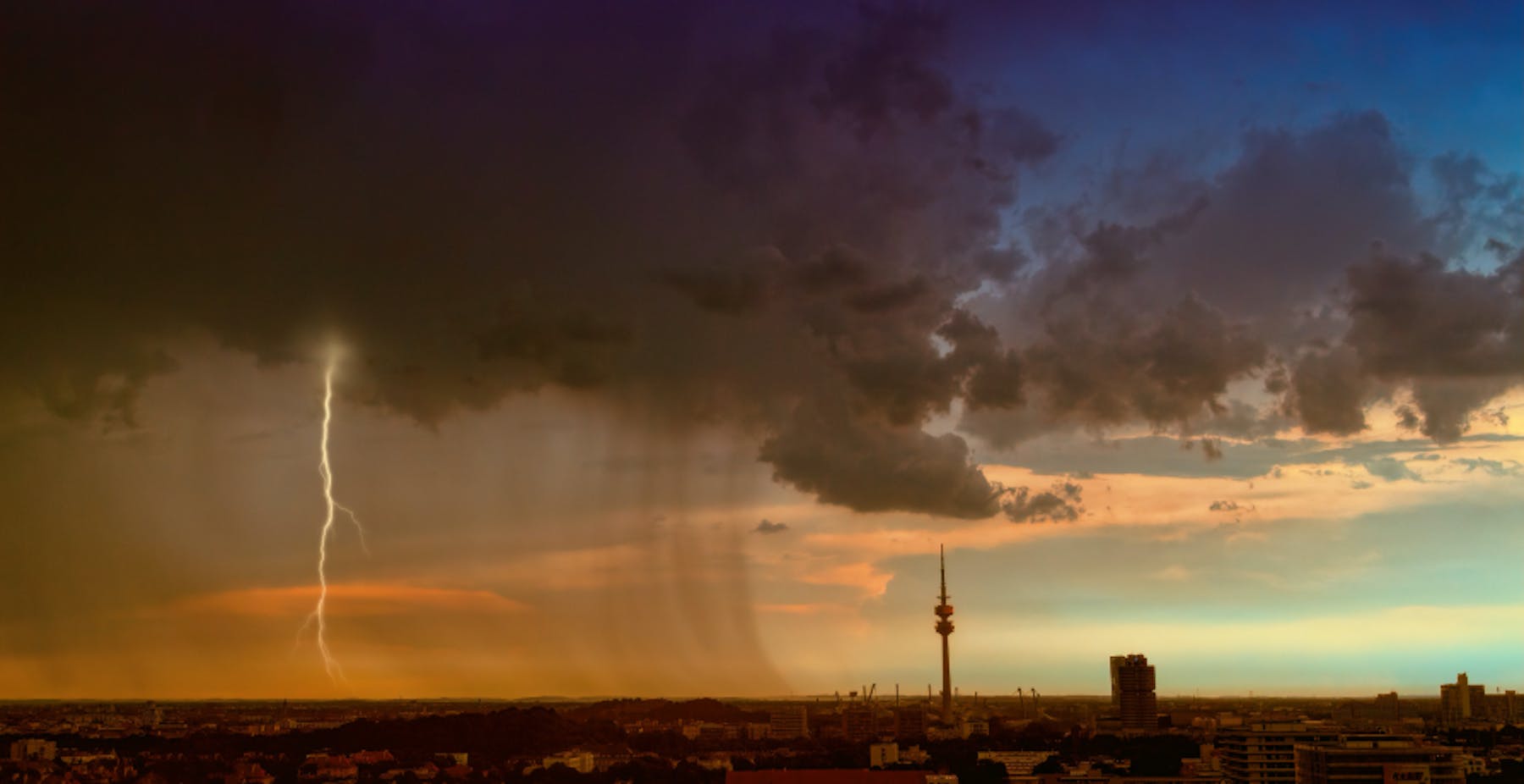 lightening in city scape smog