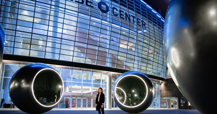 outside chase bank center at night