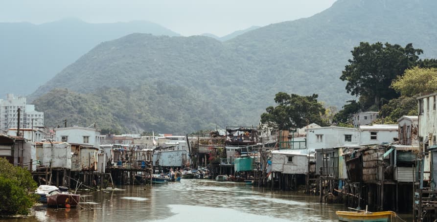 small village on water in mountains