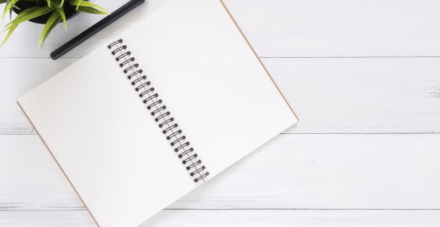 blank notebook with white pen on white table with plant in lefthand corner