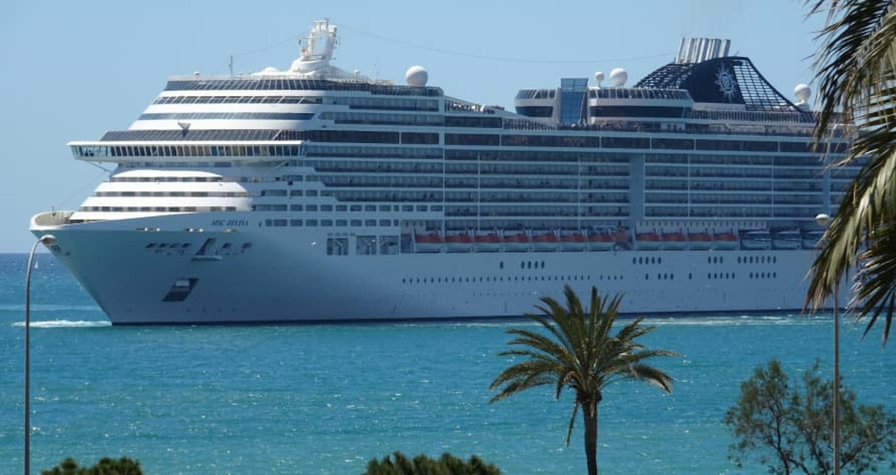cruise ship on sparking water, clear sky, surrounded by palm trees