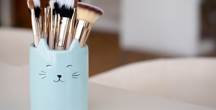 makeup brushes in light blue cat container