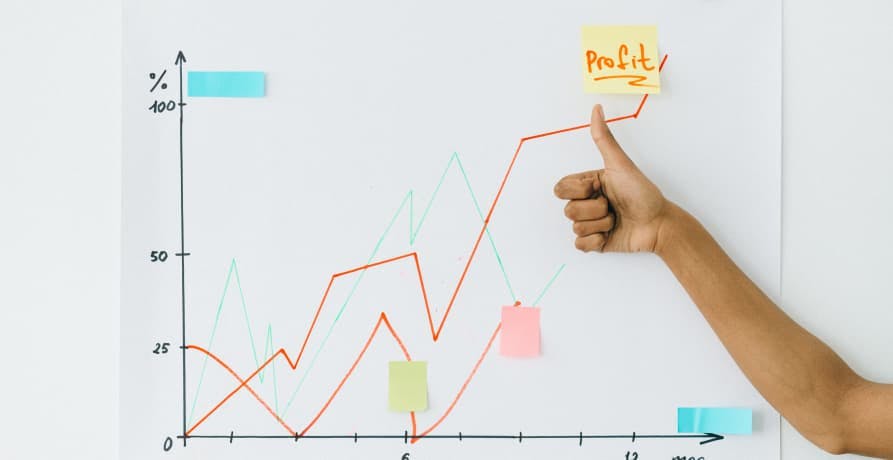 chart showing an upwards profit trend and someone giving a thumbs up