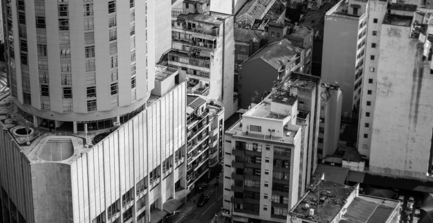 black and white photo of industrial buildings