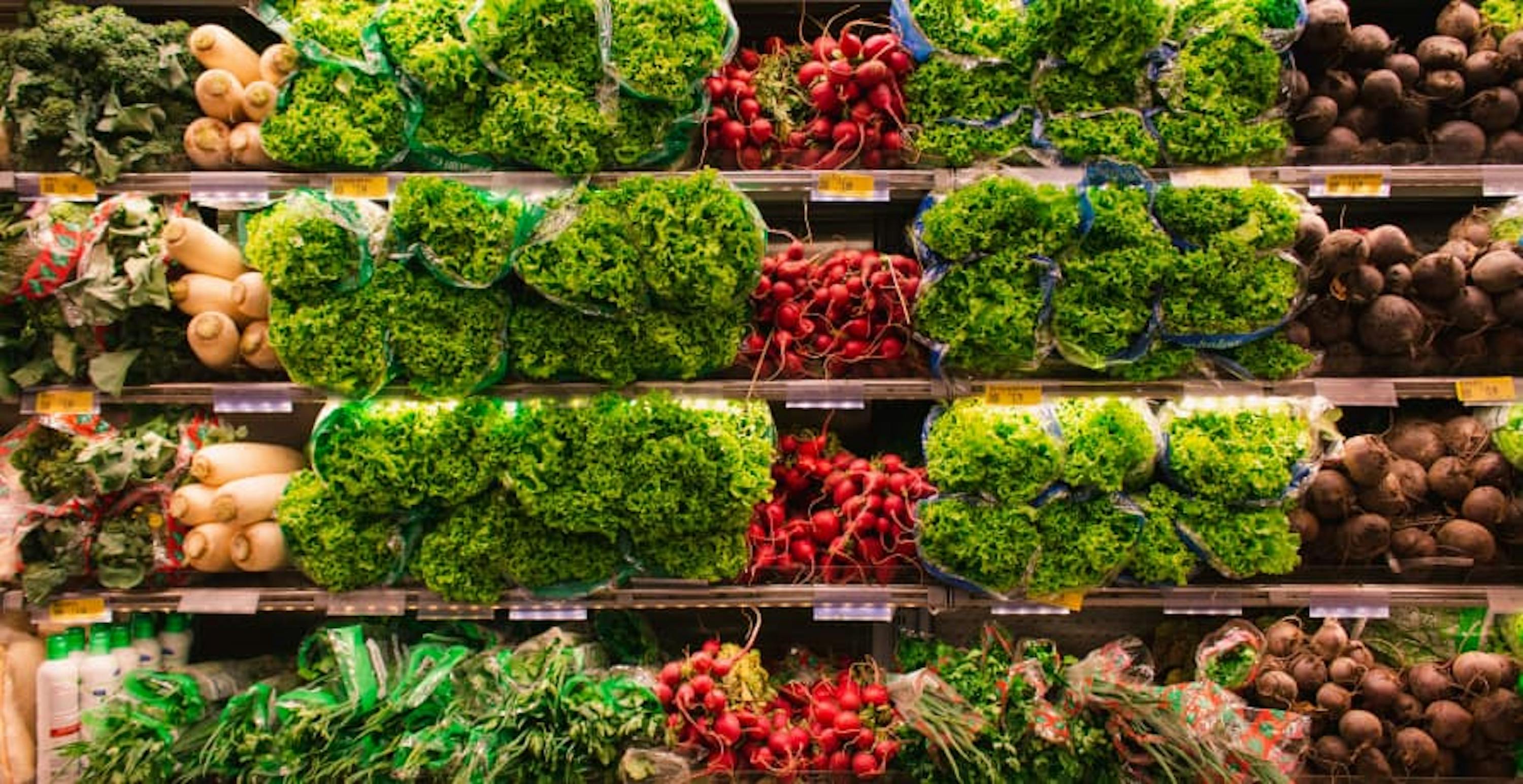 food and produce stacked on shelves