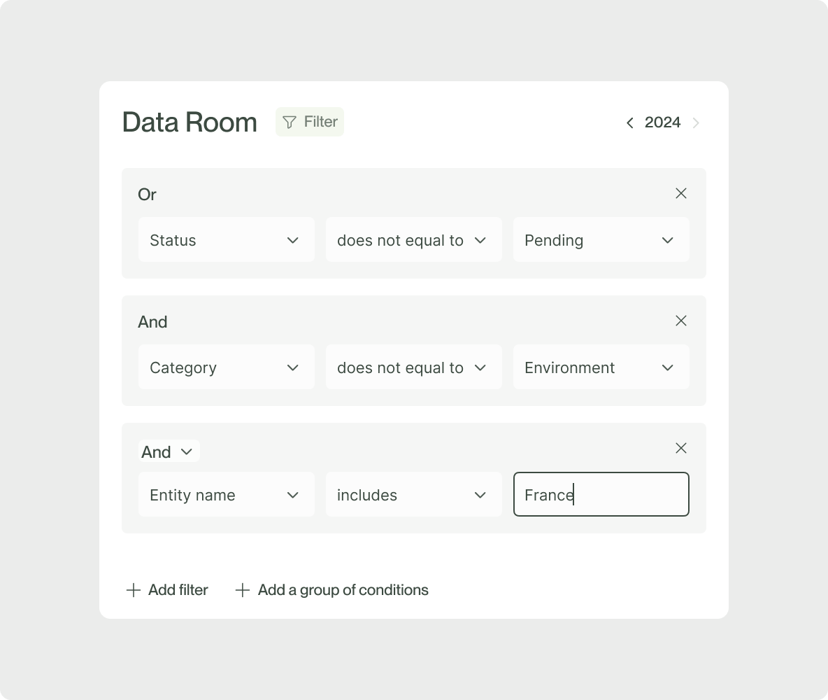 filters options for greenscope data room