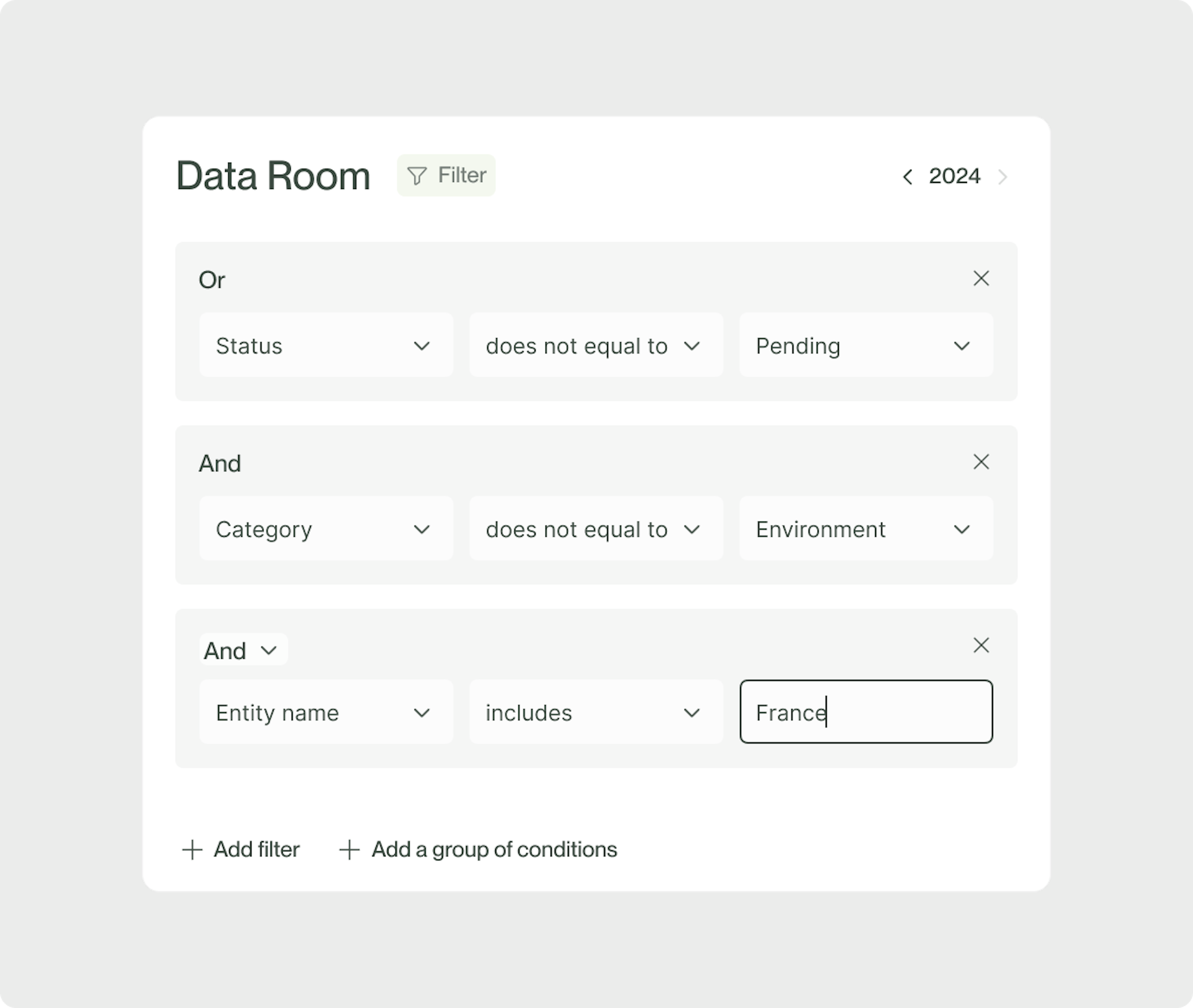 opzioni di filtri per la data room di greenscope