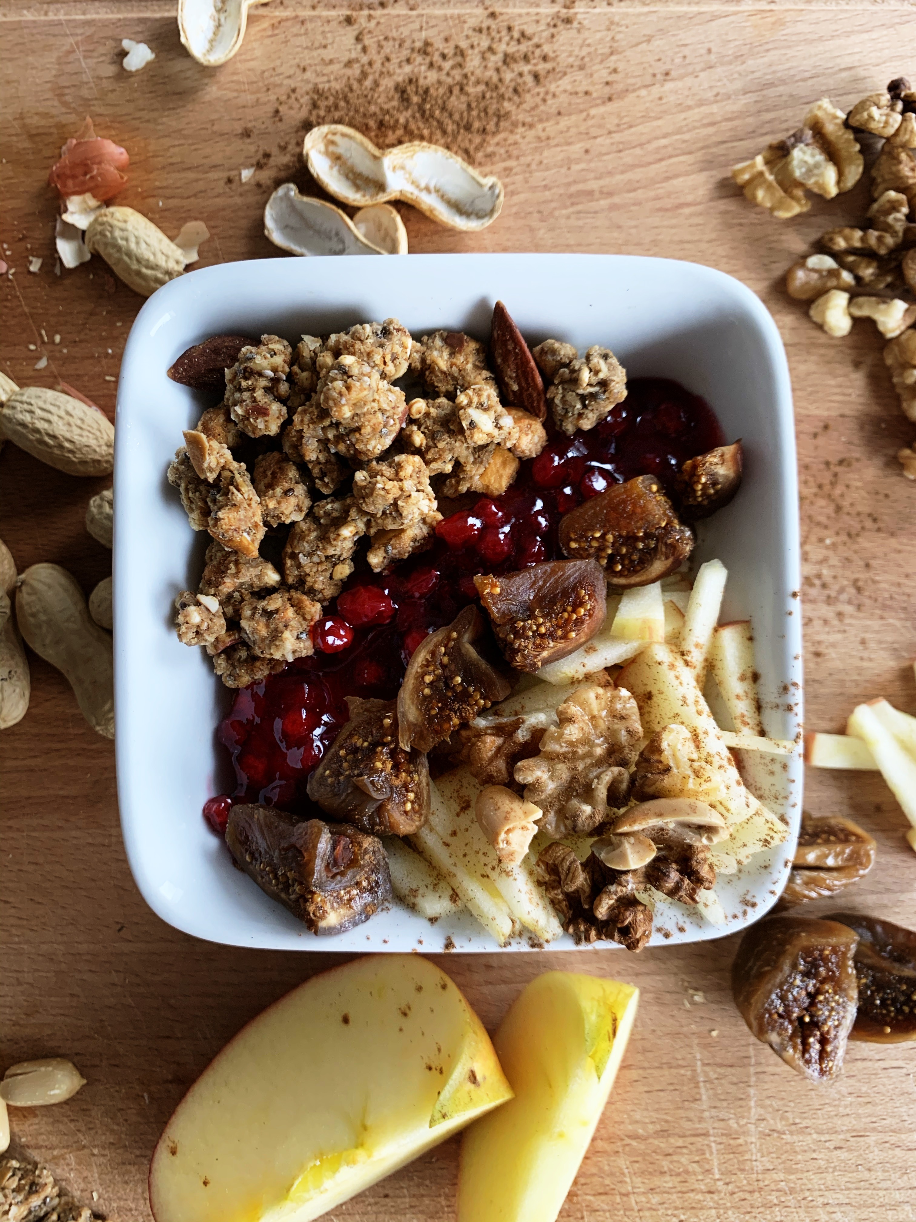 Apple & Cinnamon Granola combined with figs, nuts and apples