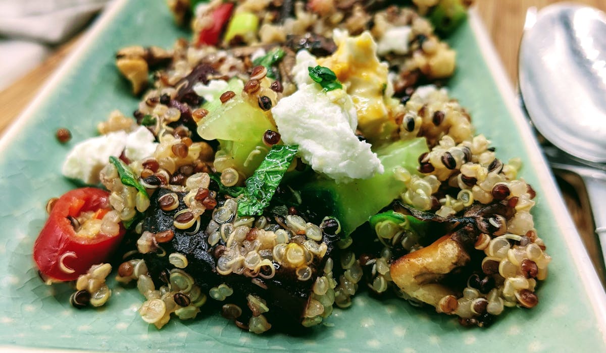 Front view of Roasted Grasshopper Quinoa Feta Bowl